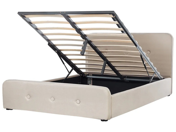 Modern beige storage bed with soft fabric finish
