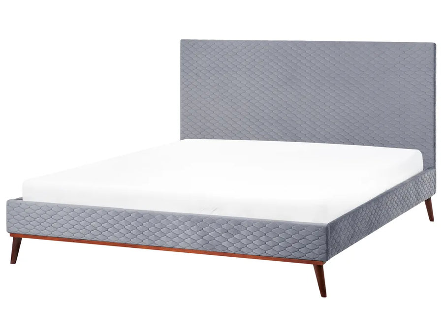 Light grey velvet super king bed with quilted headboard