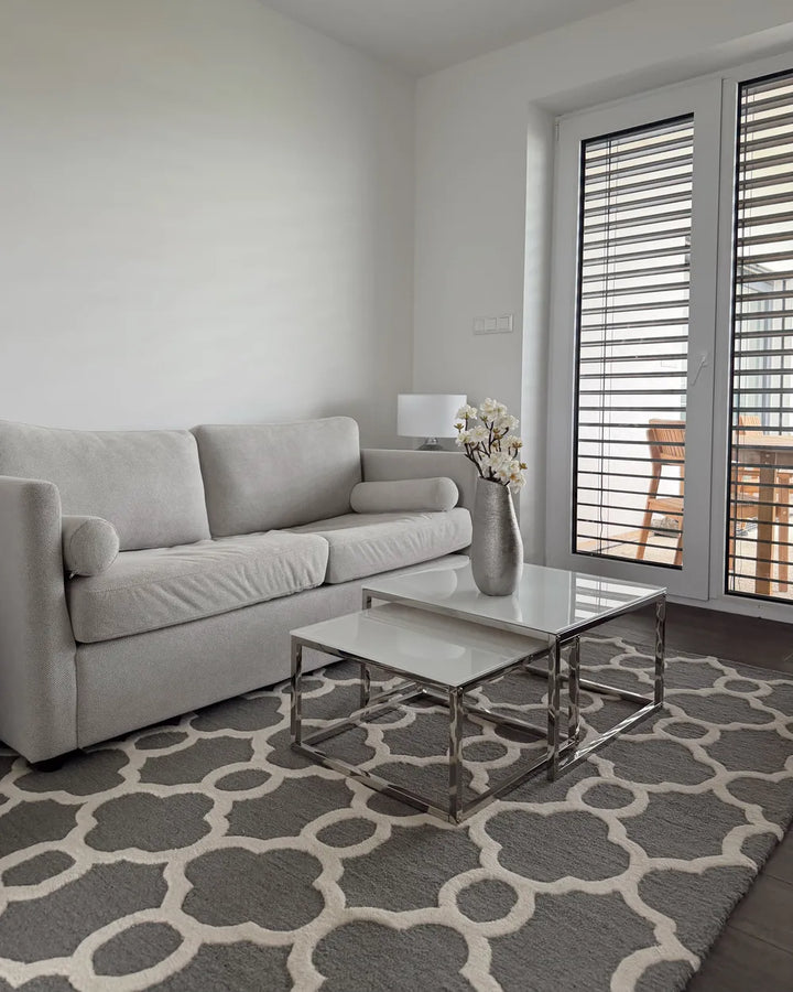 Modern living room with a gray sofa, coffee table, and patterned rug.