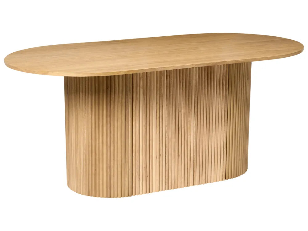 Wooden dining table with a modern design on a white background