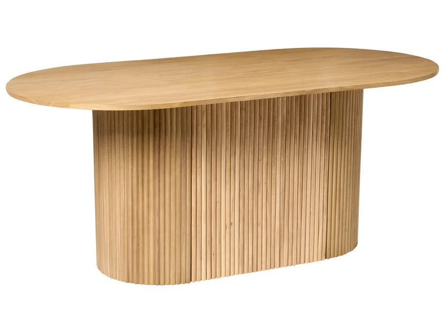 Wooden dining table with a modern design on a white background