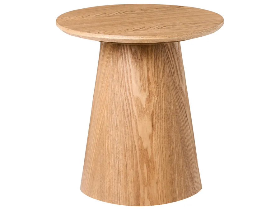 Wooden side table with a round top and cylindrical base on a white background