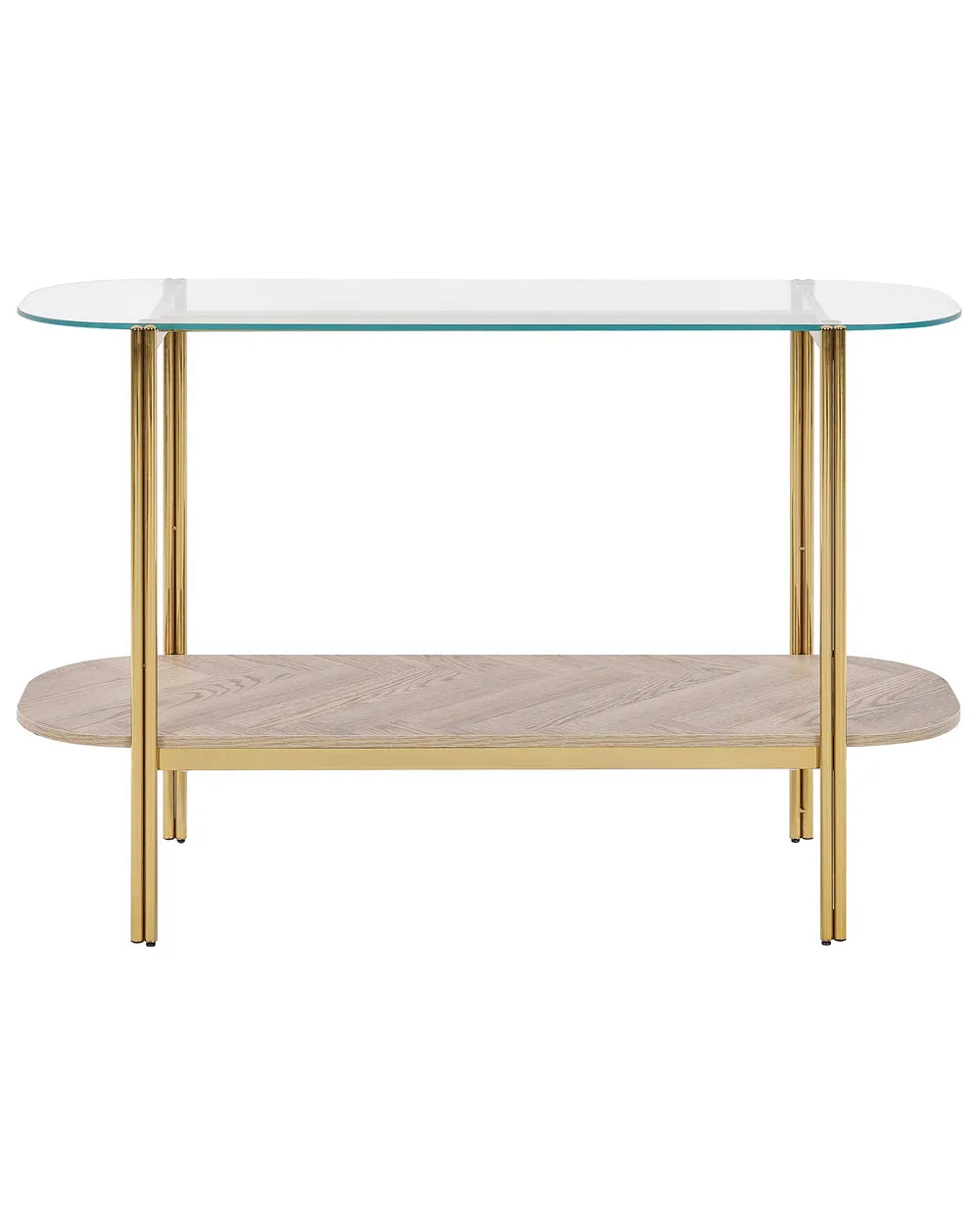 Glass top table with gold legs and wooden shelf on a white background