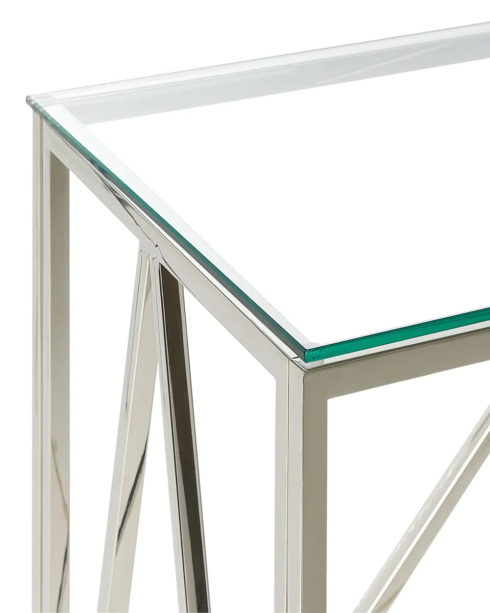 Glass table with metal frame on a white background