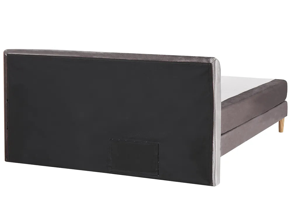 Gray bed frame with black upholstered headboard on a white background