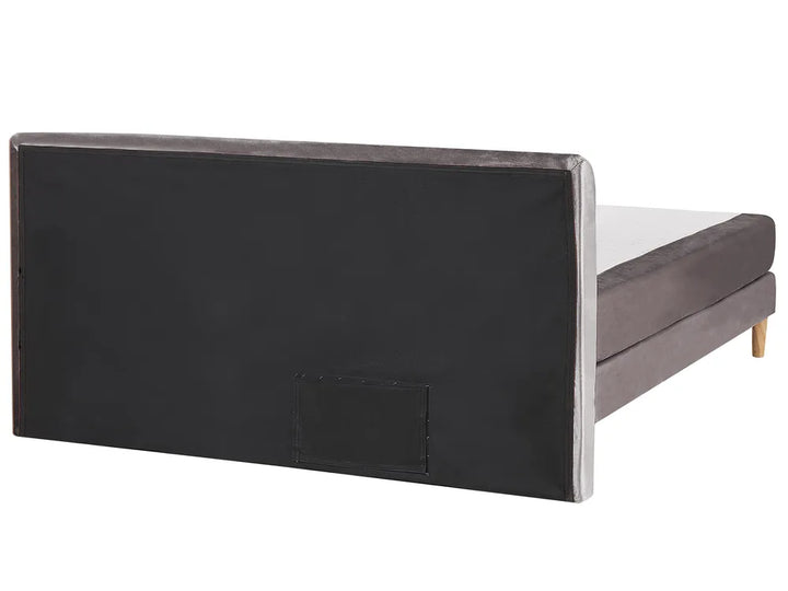 Gray bed frame with black upholstered headboard on a white background