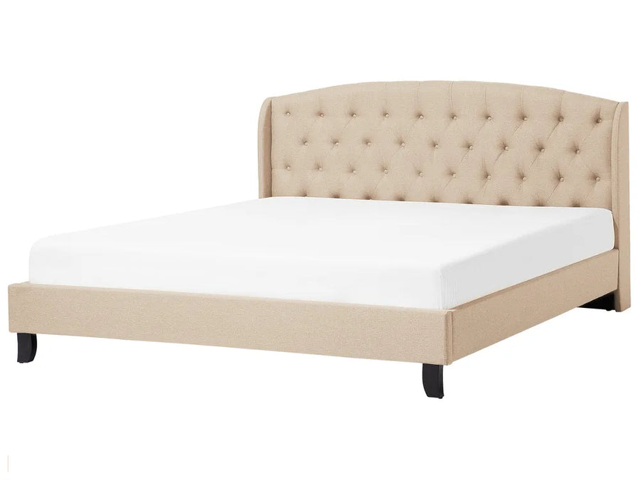 Beige fabric super king bed with tufted headboard