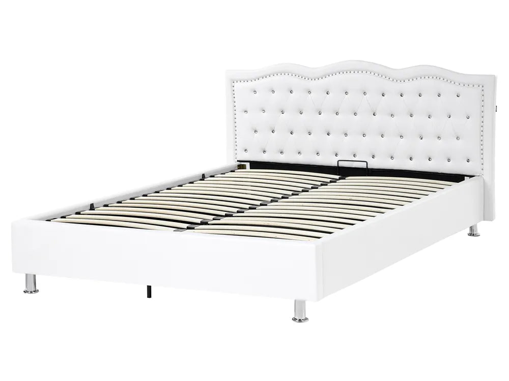 Modern white storage bed with slatted lift-up base