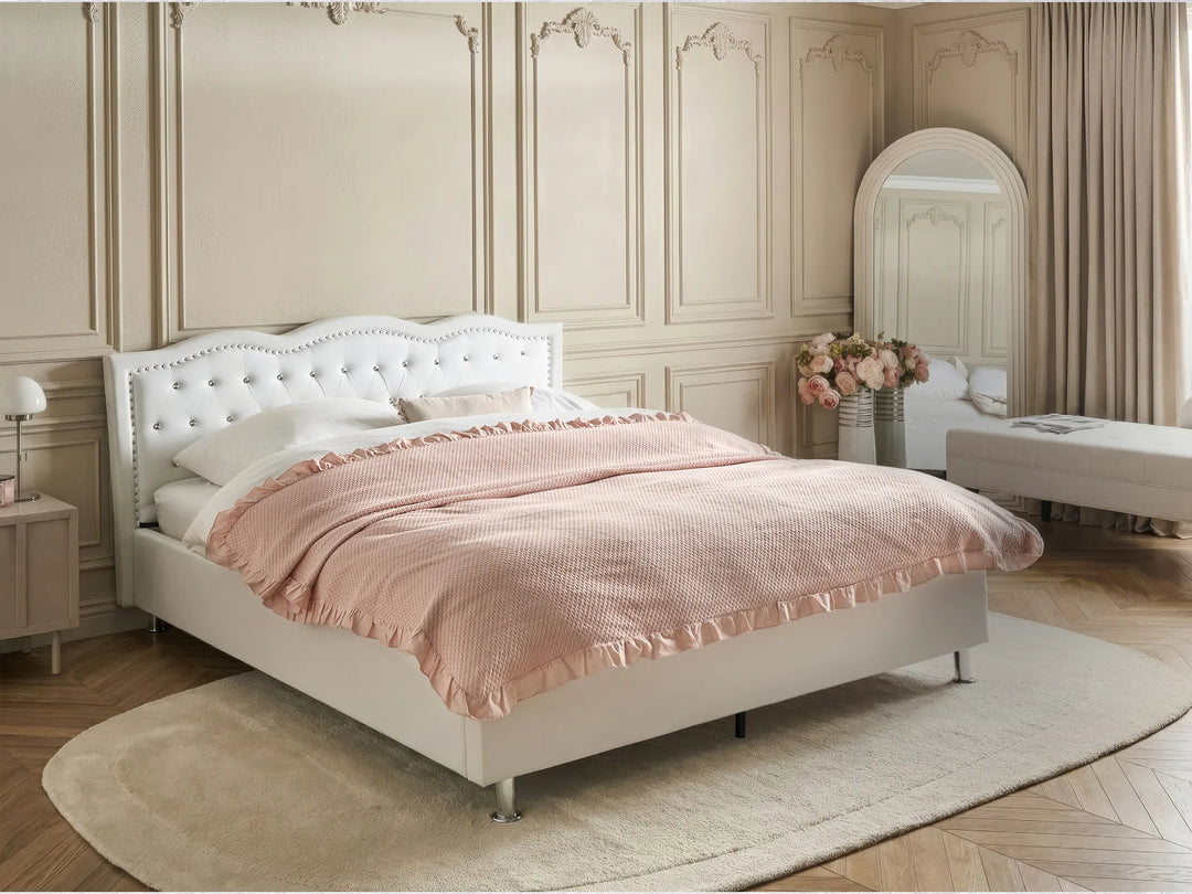 King size storage bed with white faux leather finish