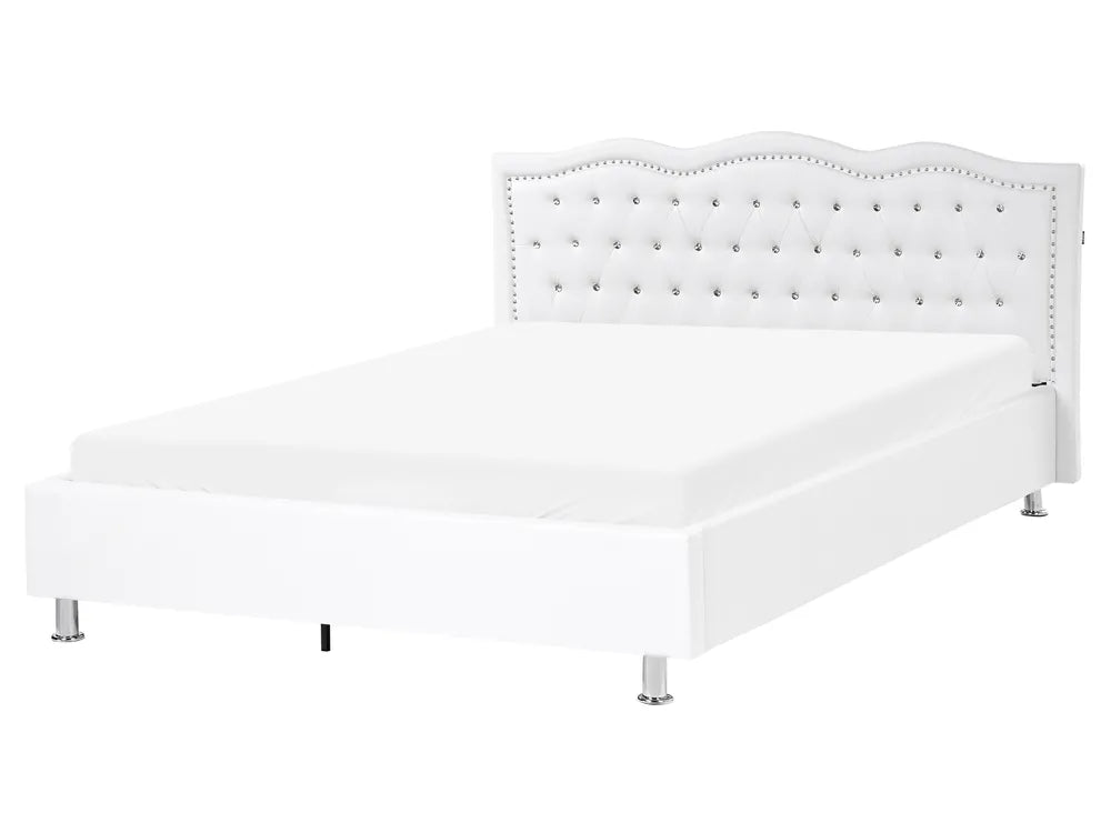White faux leather ottoman bed with tufted headboard