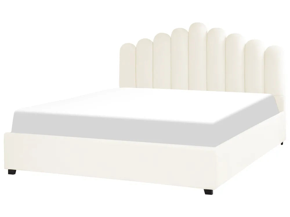 Off-white velvet super king ottoman bed with shell headboard