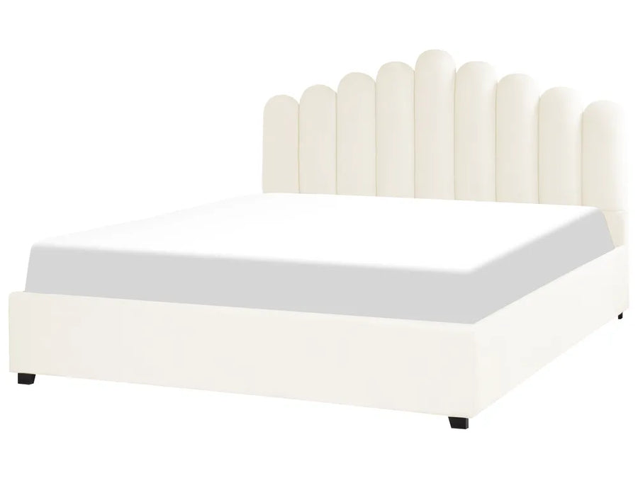 Off-white velvet super king ottoman bed with shell headboard
