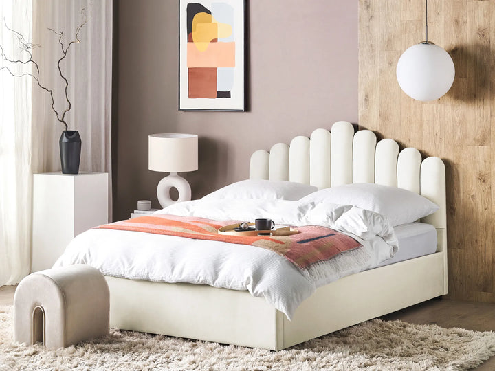 Upholstered velvet storage bed in off-white finish