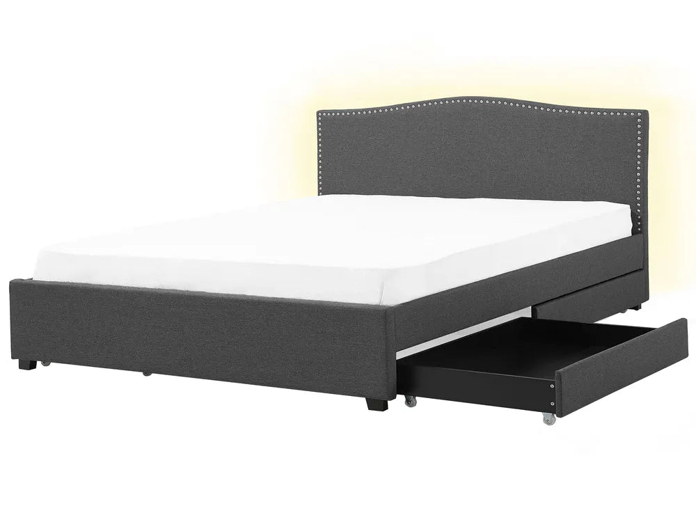 Dark grey fabric super king bed with storage drawers and LED lights