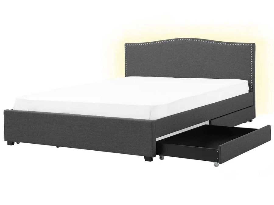 Dark grey fabric super king bed with storage drawers and LED lights
