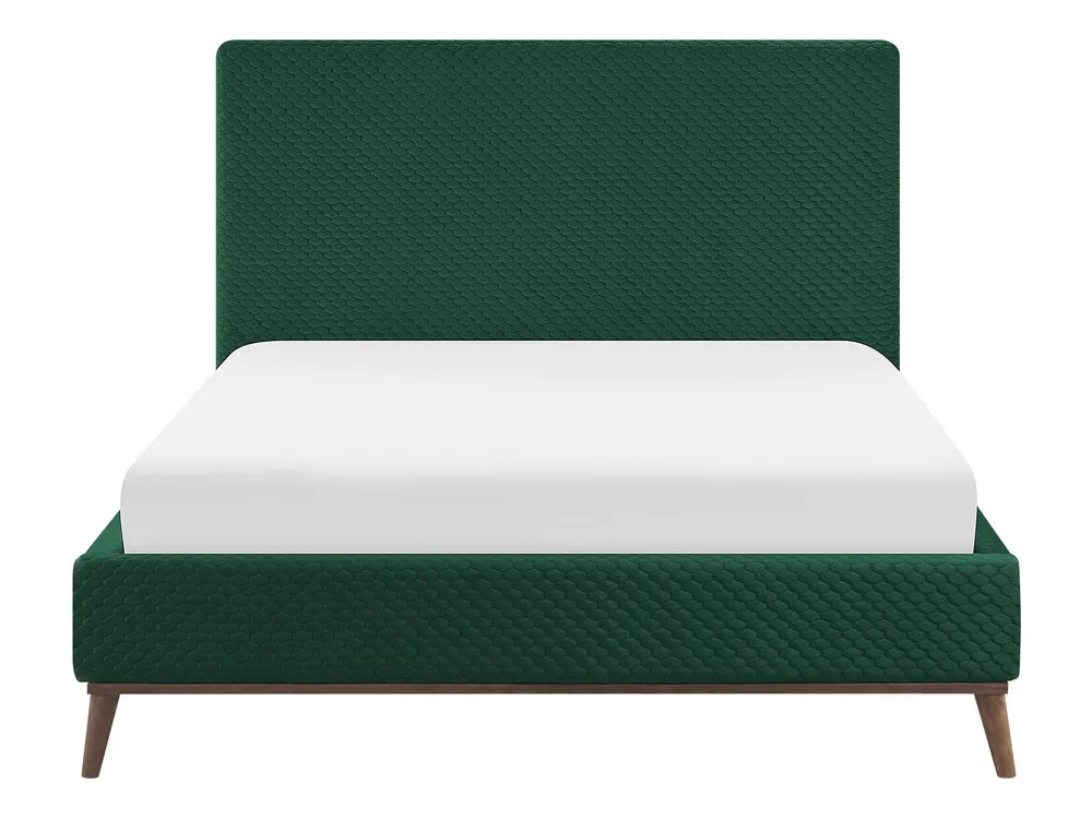 Green upholstered bed with white mattress on a white background