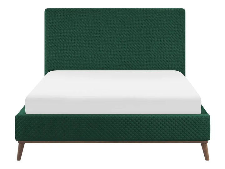Green upholstered bed with white mattress on a white background