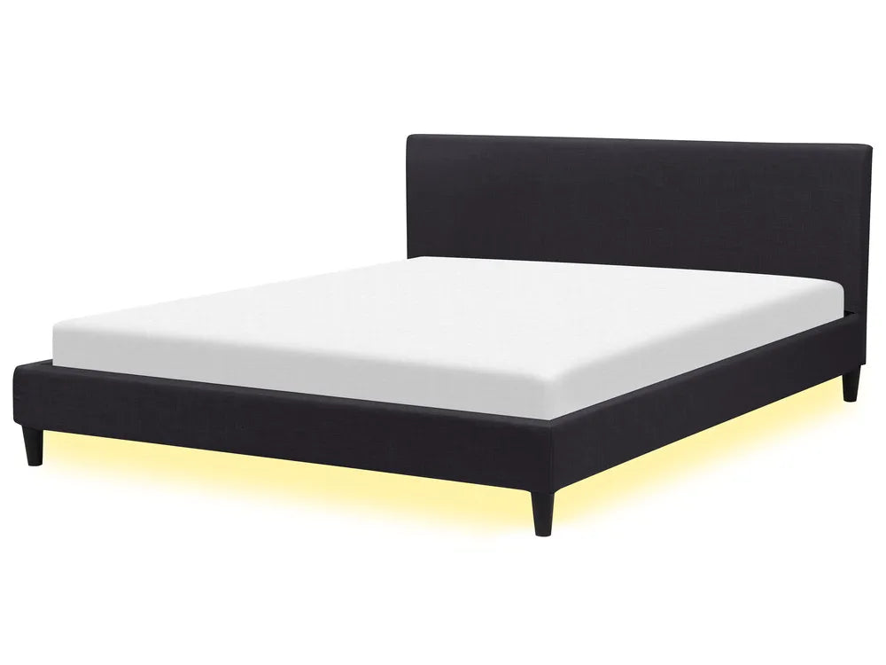 Black fabric super king bed with white LED lighting