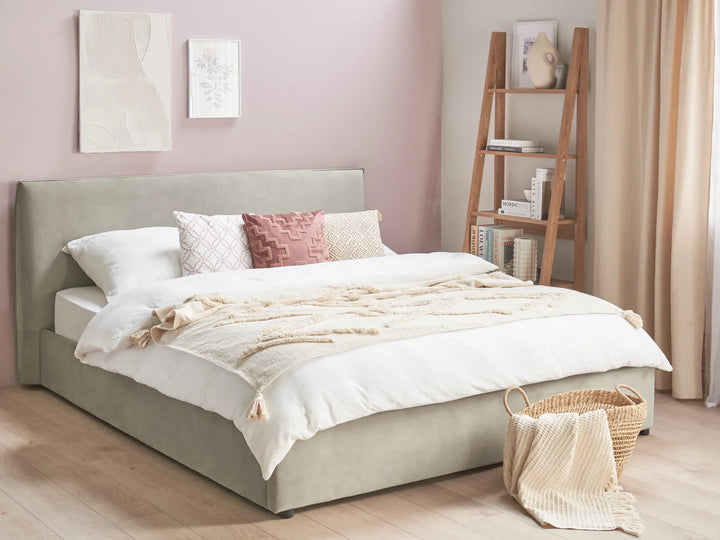 Upholstered velvet bed with hidden storage compartment