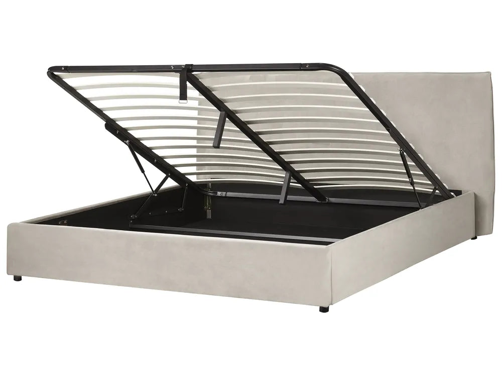 Modern taupe ottoman bed with tufted headboard design