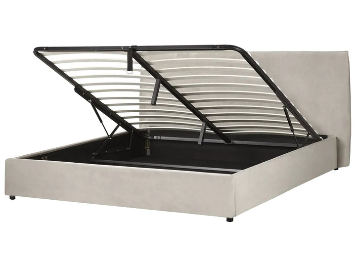 Modern taupe ottoman bed with tufted headboard design