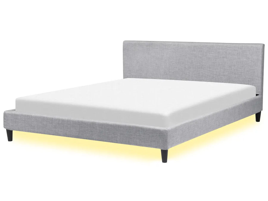 Light grey fabric super king bed with white LED lights