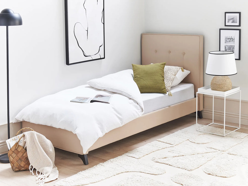 Scandinavian upholstered bed with wooden legs