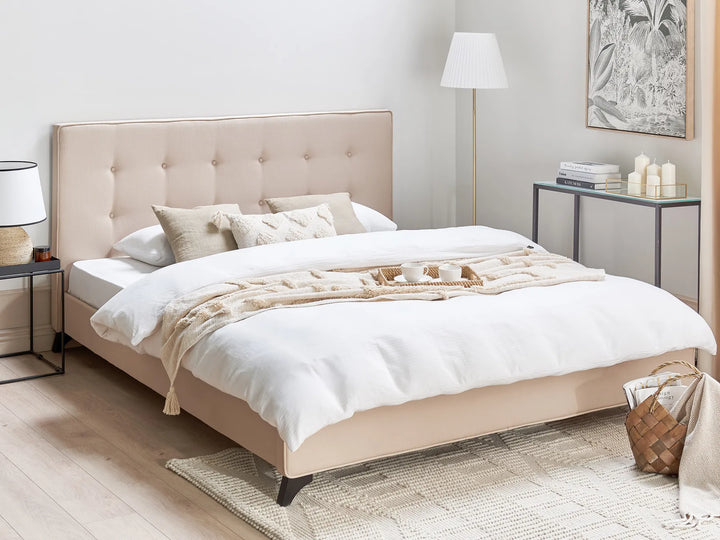 Scandinavian upholstered bed with rubberwood legs