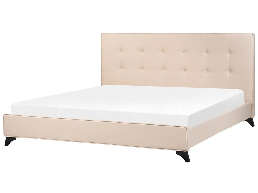 Beige fabric super king bed with tufted headboard