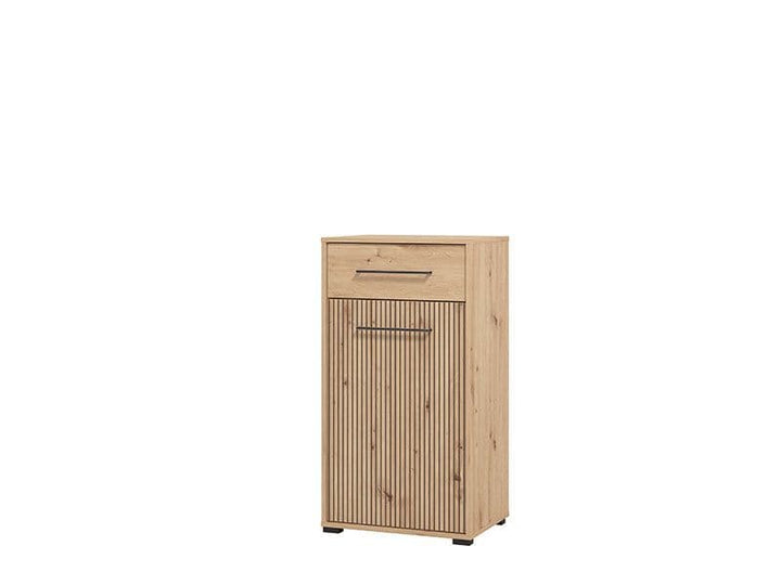 Raulin Slatted Artisan Oak Effect Low Narrow Hallway Cabinet