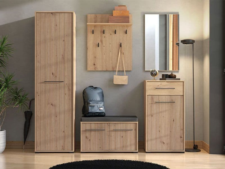 Wooden furniture pieces including a tall cabinet, shoe rack, and vanity unit in a room setting.