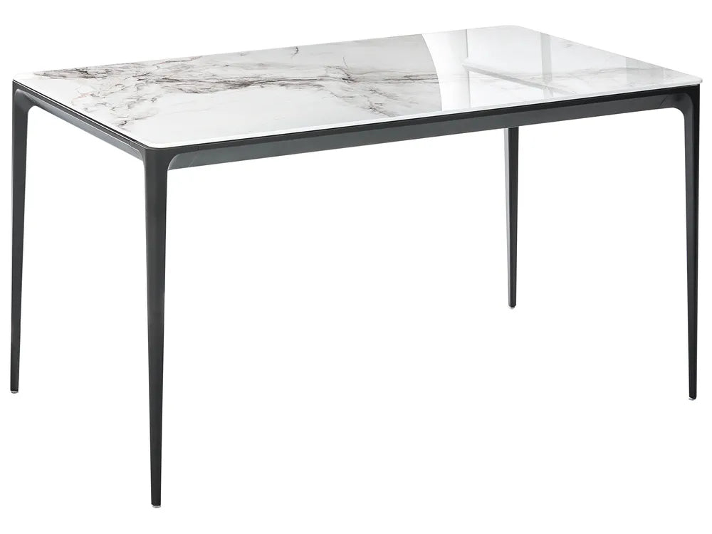 Table with marble-like top and black legs on a white background