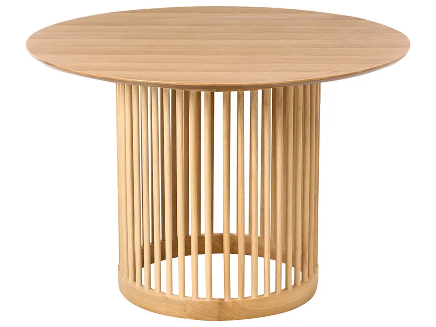 Wooden side table with cylindrical base and round top on a white background