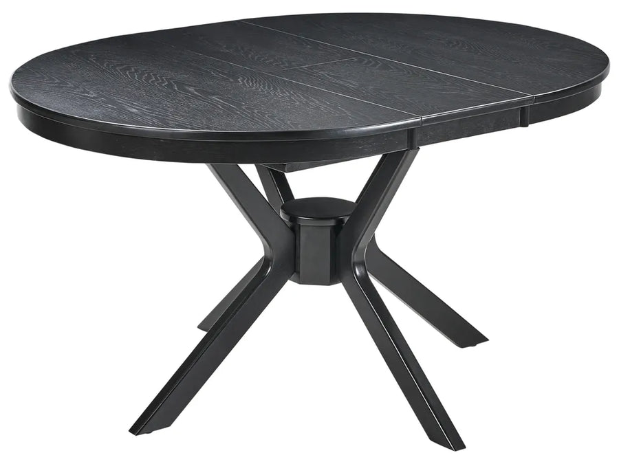 Black round dining table with a modern design on a white background