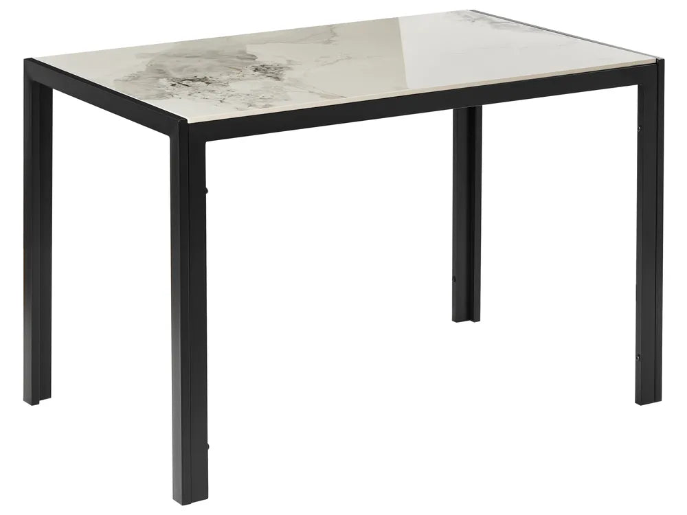 Table with marble-like top and black legs on a white background