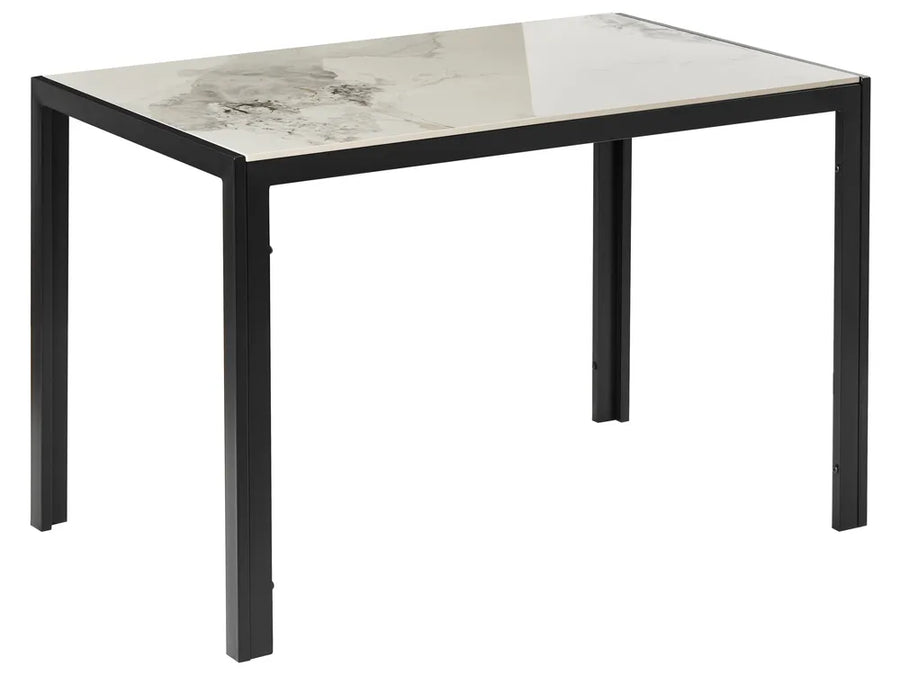 Table with marble-like top and black legs on a white background