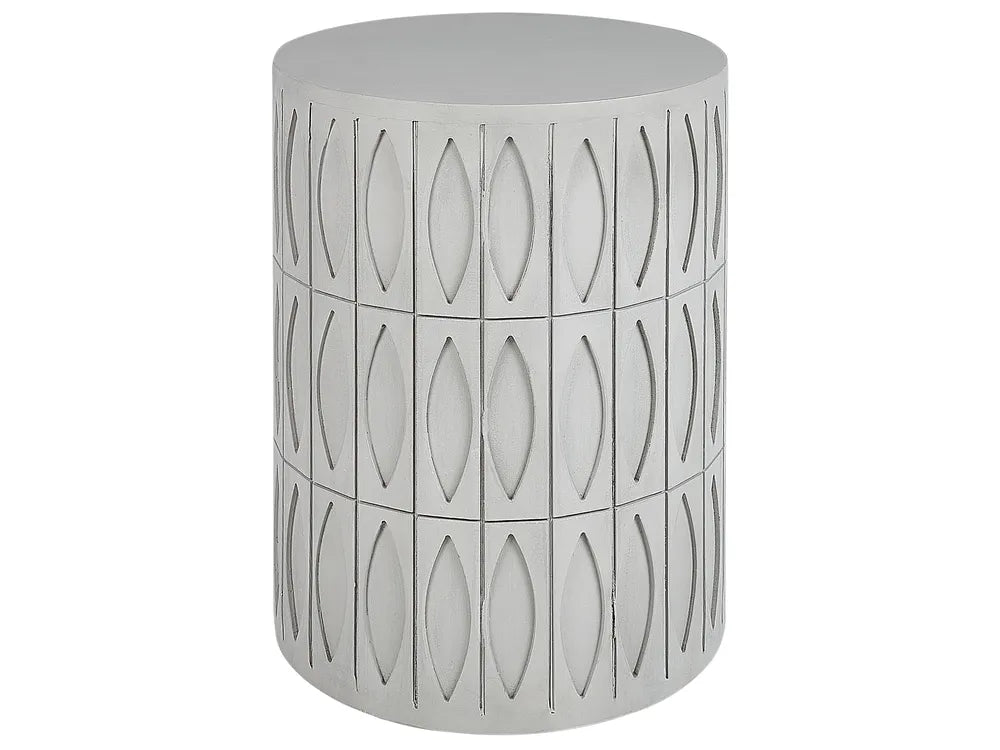 Decorative cylindrical stool with geometric pattern on a white background