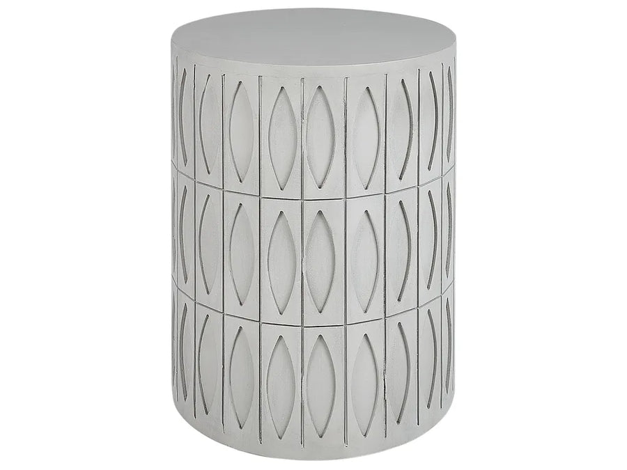 Decorative cylindrical stool with geometric pattern on a white background