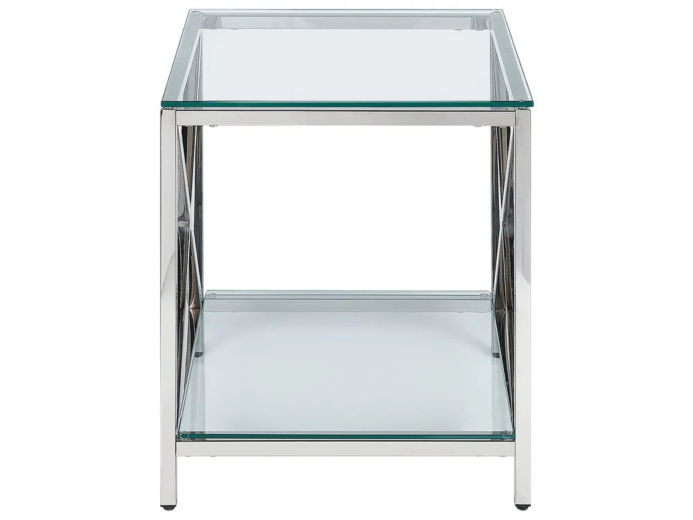 Glass side table with metal frame on a white background