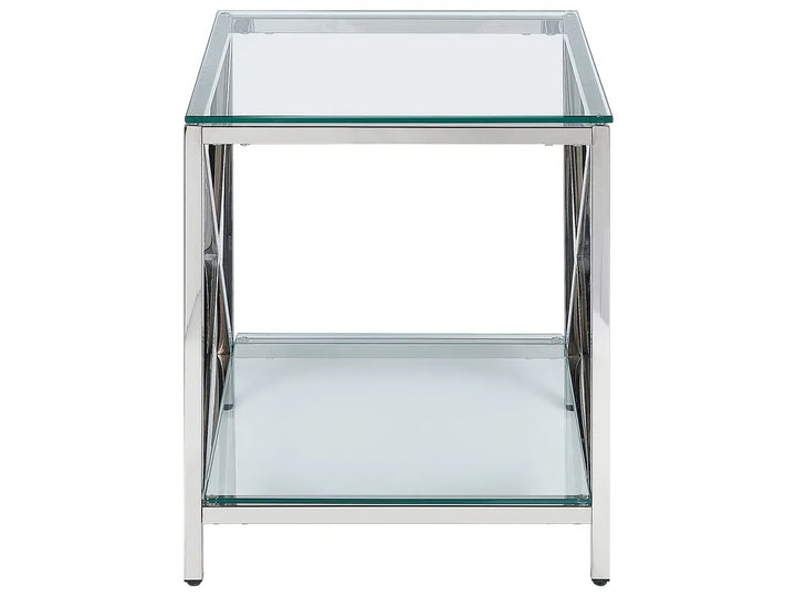 Glass side table with metal frame on a white background