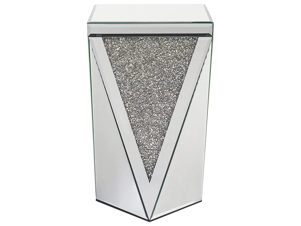 Decorative side table with mirror finish and glittery pattern on a white background