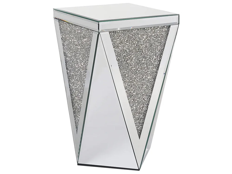 Decorative side table with mirror and glittery base on a white background