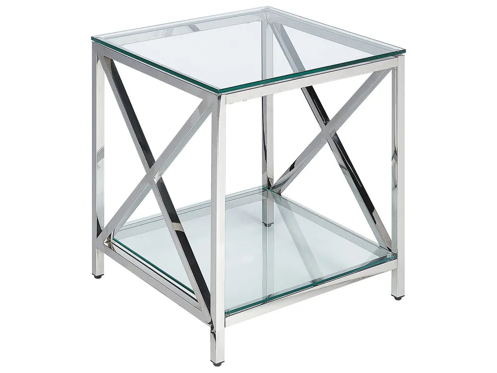 Glass side table with metal frame on a white background