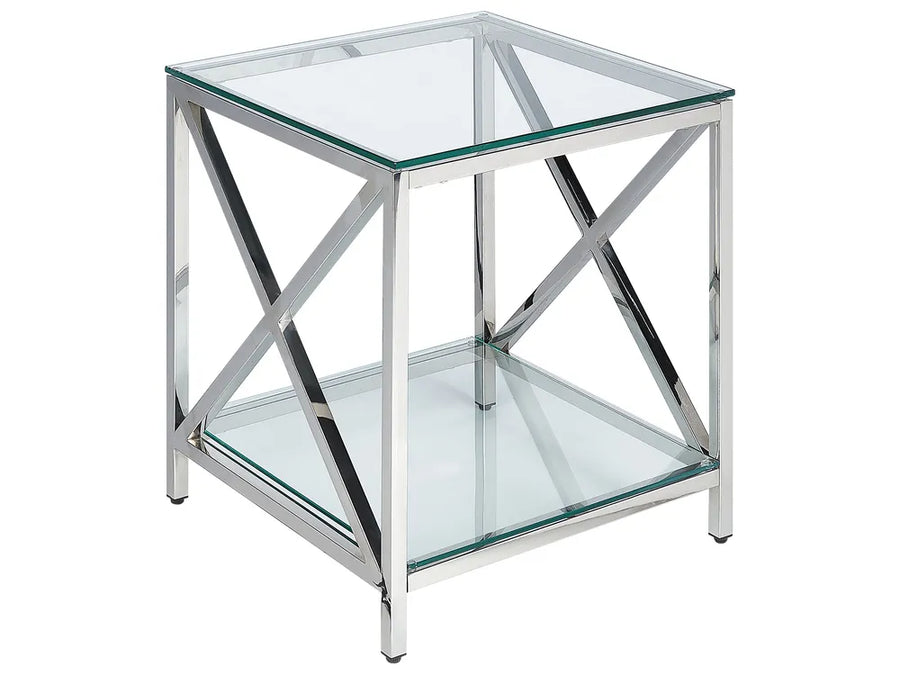 Glass side table with metal frame on a white background