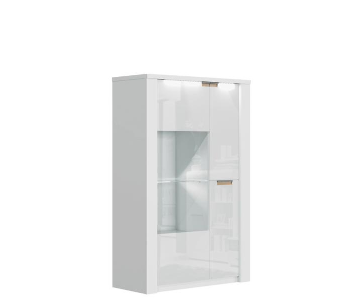 White cabinet with glass doors on a green background