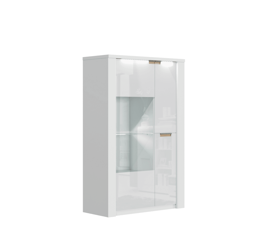 White cabinet with glass doors on a green background