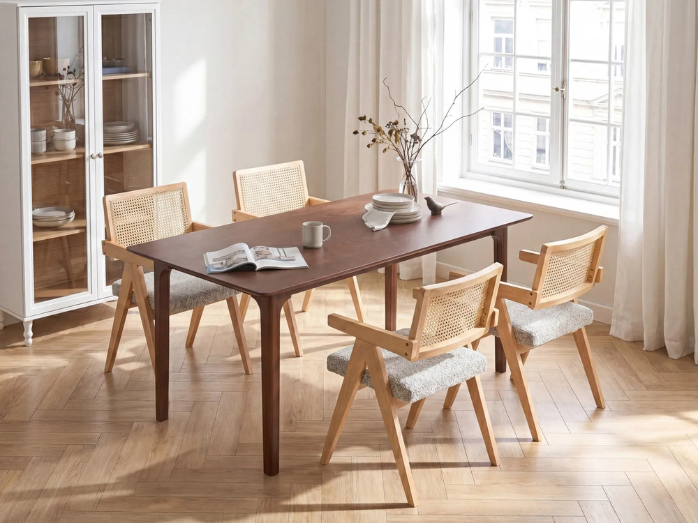 Dining room with wooden table and chairs in a bright room.