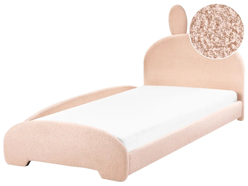 Children's bed with bear ears headboard and close-up of headboard texture on a white background
