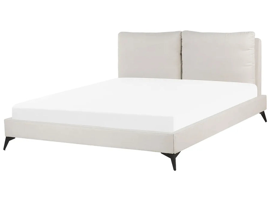 White bed with a beige upholstered headboard on a white background