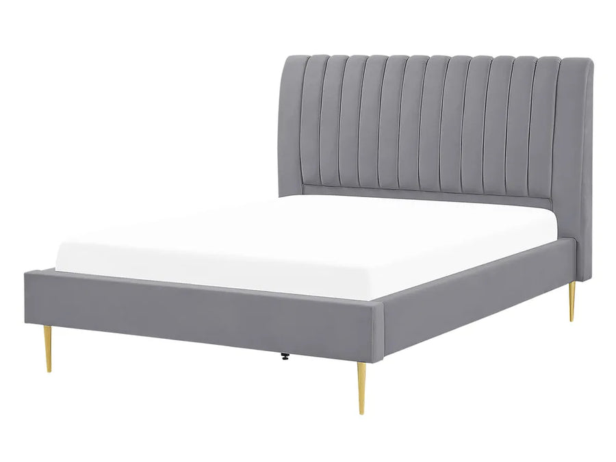 Gray upholstered bed with white mattress on a white background